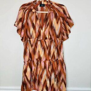 VICI Mini Dress Boho Burnt Orange Ikat Design Flowy Short Sleeve